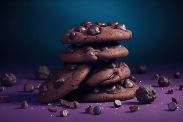  a pile of chocolate cookies with chocolate chips on a purple surface with scattered chocolate chips around it and scattered chocolate chips scattered around it on the ground.  generative ai