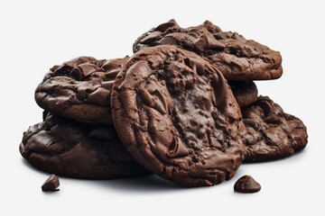  a pile of chocolate cookies on a white background with chocolate chips on the ground next to it and a bite taken out of one cookie.  generative ai