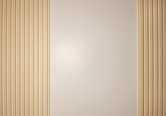 Decor of vertical wooden slats on a white wall. Modern design concept. Place for text.