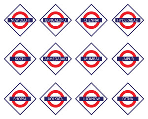 Railways name board of major Indian Cities like Mumbai, Delhi, Chennai, Kolkata, Bangalore etc vector illustration
