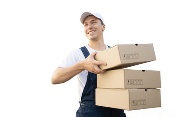 Happy courier guy in the courier service of the order delivery company, transparent background, png, isolated.