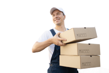 Happy courier guy in the courier service of the order delivery company, transparent background, png, isolated.