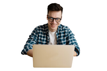 The programmer guy is working using a laptop writing program code, transparent background, png,...