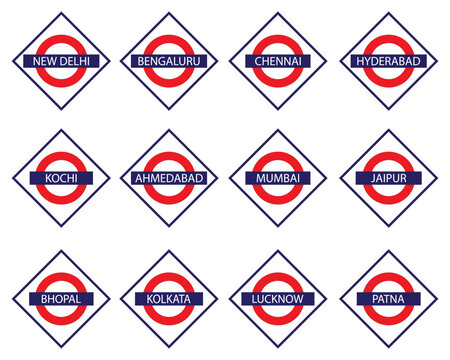 Railways name board of major Indian Cities like Mumbai, Delhi, Chennai, Kolkata, Bangalore etc vector illustration