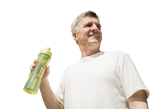 A retired man drinks water from a bottle, transparent background, png, isolated.