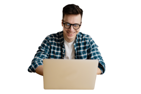 The programmer guy is working using a laptop writing program code, transparent background, png, isolated.