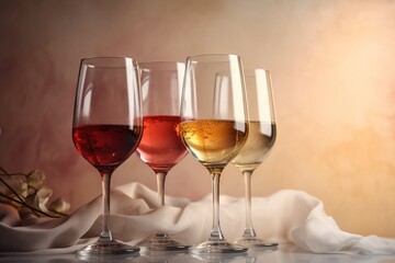  three glasses of wine sitting on top of a white table cloth covered tablecloth with a vase of flowers in the background and a few glasses of wine in the foreground.  generative ai