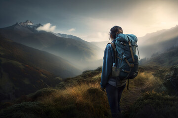 Woman hiker, hiking backpacker traveler camper walking on the top of mountain. Generative Ai
