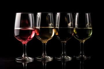  a row of wine glasses sitting on top of a table next to a black background with a reflection of the wine in the glass on the side.  generative ai