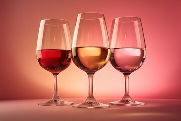  three glasses of wine are lined up in a row on a pink and pink background with a pink and red background in the back ground.  generative ai