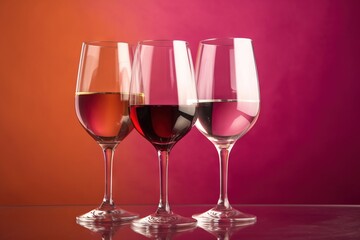  three glasses of wine are sitting on a table with a pink background and a red wall behind them, with a reflection of the wine glass in the foreground.  generative ai