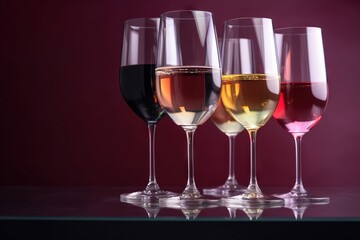  a group of wine glasses sitting on top of a table next to a wine glass filled with wine and a wine bottle in front of them.  generative ai