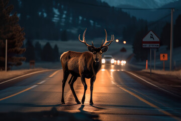 Male Elk runs across a road. Generative Ai.