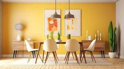 Mid century modern dining room with classic style and light yellow palette. Interior design, bright, clean