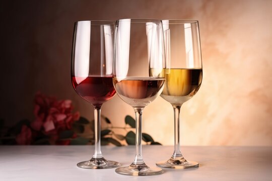  three glasses of wine are sitting on a table with a rose in the backgrouf of the glass and a rose in the backgrouf.  generative ai