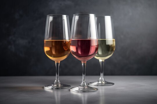  three glasses of different colored wine are lined up in a row on a countertop, with a dark background behind them, and a dark background.  generative ai