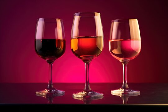  three glasses of wine are sitting on a table with a pink and red background in the background, and a red and pink background in the background.  generative ai