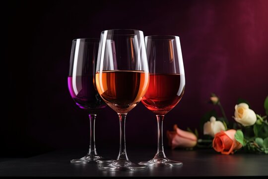  three glasses of wine sitting on a table next to a bouquet of roses and a vase of flowers on a table top with a purple background.  generative ai