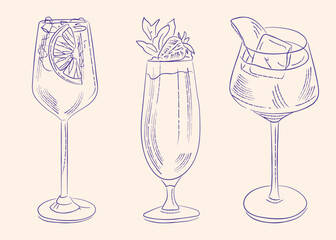 Three glasses with a cocktail. aperol sangria vector illustration for the menu
