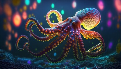 Fototapeta premium neon colored octopus in the sea AI Generated