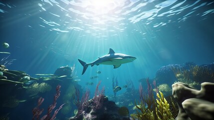 Fototapeta premium Holographic shark in the sea AI Generated