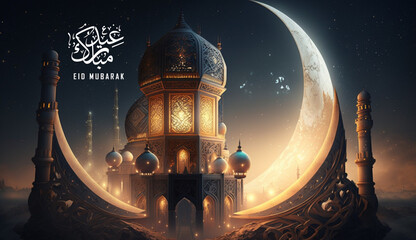 Wishing eid to all with futuristic vibes, crescent, mosque and lanterns generative ai