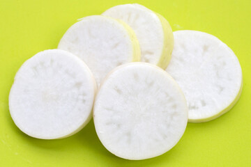 Sliced Japanese daikon. Fresh vegetables