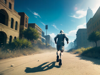 A man running on a gravel road in a city seen from the back, generative ai