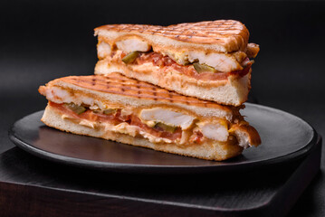 Delicious crispy sandwich with chicken breast, tomatoes, ketchup and spices
