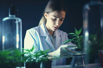 A female scientist researches and records data on cannabis plants in a pot.