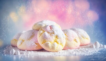 Lemon Ricotta Cookies White Pink Blue Magical Fantasy Bokeh. Generative AI