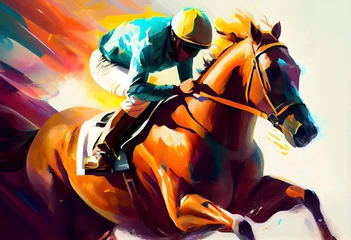 Foto op Canvas illustration paintings of horse racing, poster style. Generative AI © Dima