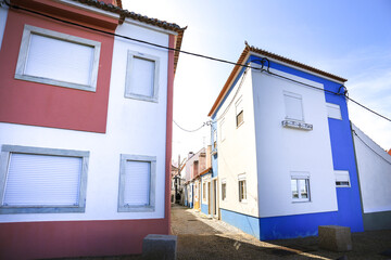 Typical facades in Alcochete town in Portugal