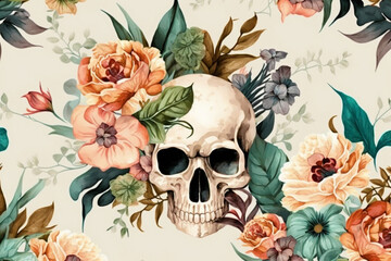 Skull and rose Generative AI - obrazy, fototapety, plakaty