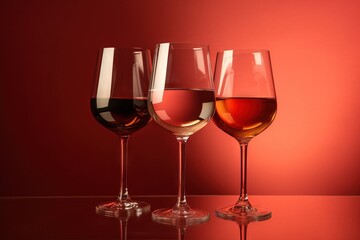 three glasses of wine are sitting on a table with a red wall in the back ground and a red wall in the back ground behind them.  generative ai