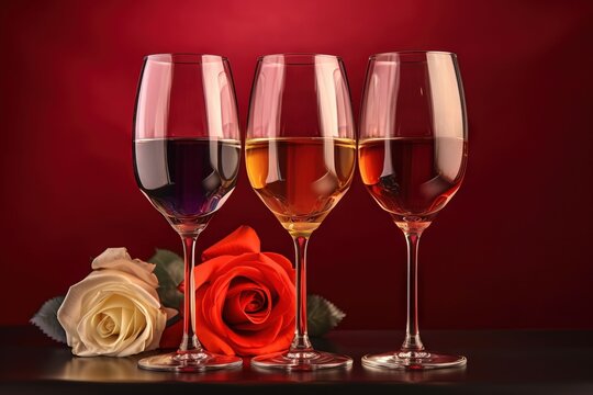  three glasses of wine and a rose on a table with a red wall in the background and a red rose in the foreground with a red rose in the foreground.  generative ai