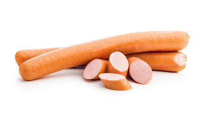 Tasty sausages. Sliced frankfurters isolated on white background.