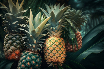Close up Pineapples full frame, fresh fruit background, Generated AI