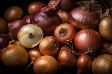  a pile of onions and onions sitting next to each other on top of each other on a black tablecloth covered tablecloth with a basket of onions in the background.  generative ai