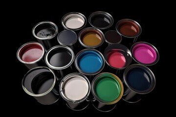  a group of paint cans filled with different colors of paint on a black background with a reflection of the paint in the middle of the cans.  generative ai