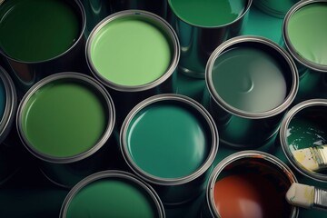  a group of paint cans with a paintbrush in one of them and a paint can in the other with a paintbrush in the other.  generative ai
