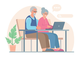 Elderly couple of man and woman with laptop at home. Senior retired people using computer for communication, search of information, social media and online education. Vector illustration.