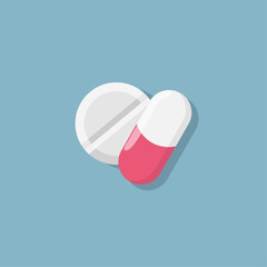 Red and white pills on a blue background. Colorful vector illustration 