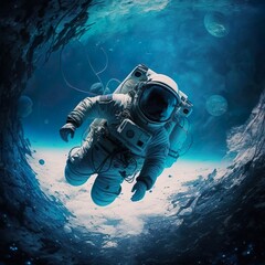 Fototapeta premium Astronaut floating in a blue gas cloud