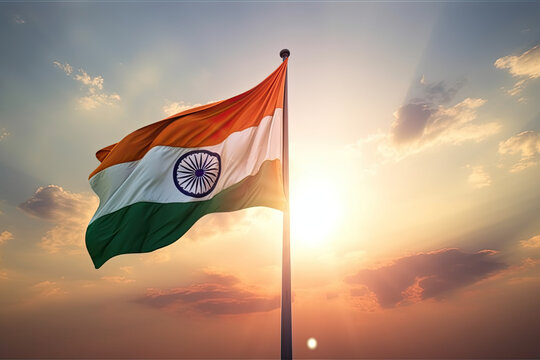 Close up waving flag of India on background of sunset sky. Flag symbols of India. National day of the people's republic of India. 15th August. Generative AI.
