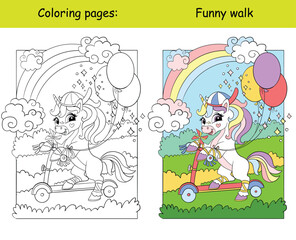 Obraz na płótnie Canvas Cute little unicorn rolling on a scooter coloring book vector