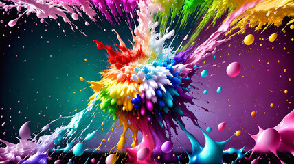 abstract wallpaper with exploding rainbow water splash paint with vivid colors, generative AI