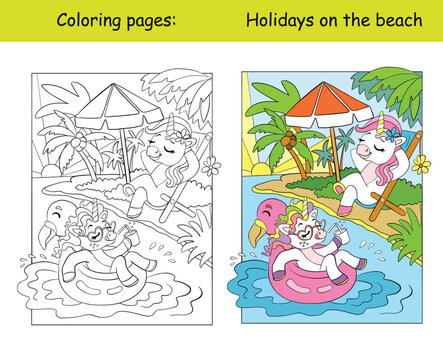 Cute little unicorns swimming in the sea coloring book vector