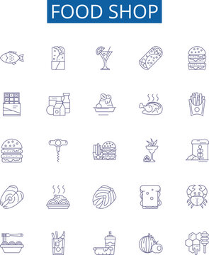 Food shop line icons signs set. Design collection of Takeaway, Delicatessen, Pantry, Grocery, Bistro, Restaurant, Diner, Eatery outline concept vector illustrations