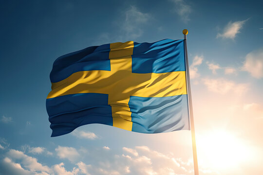 Close up waving flag of Sweden on background of sunset sky. Flag symbols of Sweden. National day of the people's republic of Sweden. 6th June Generative AI.